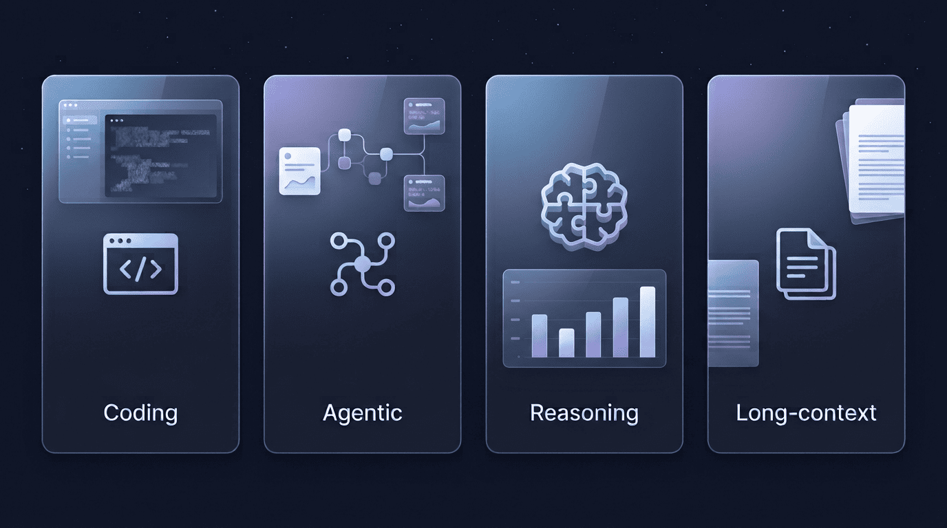 Four Kimi K3 benchmark categories — coding, agentic, reasoning and long-context — shown as glassy UI cards