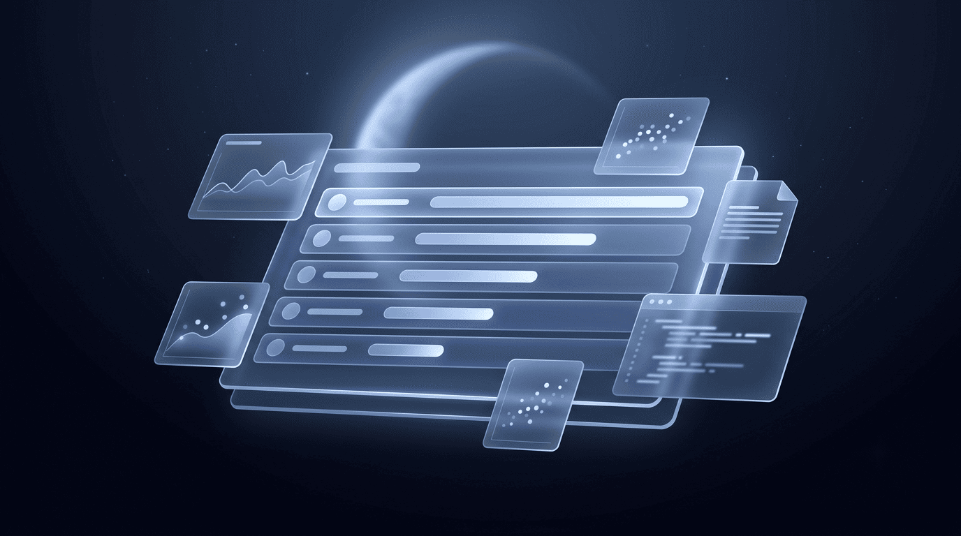A holographic AI benchmark leaderboard dashboard with abstract ranking bars and data cards