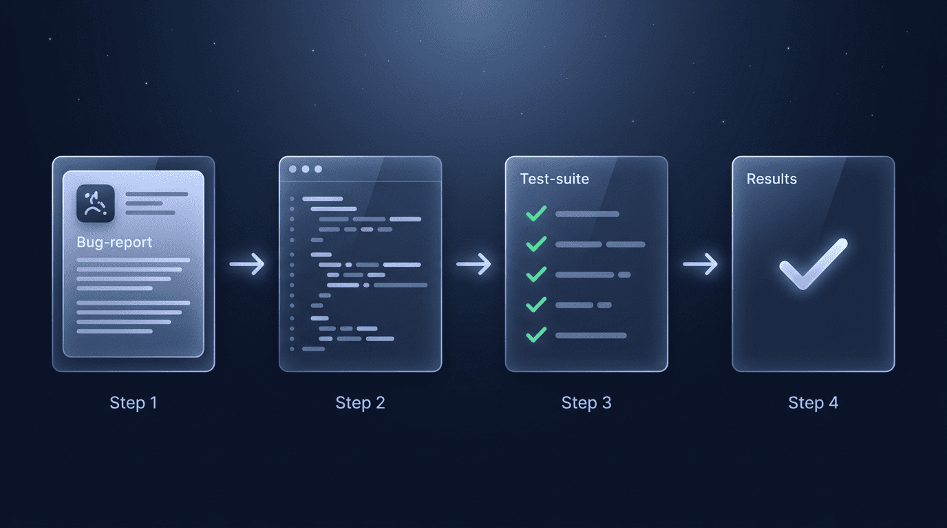 SWE-bench process: a bug report becomes a patch that must pass the repository's hidden tests to count as resolved