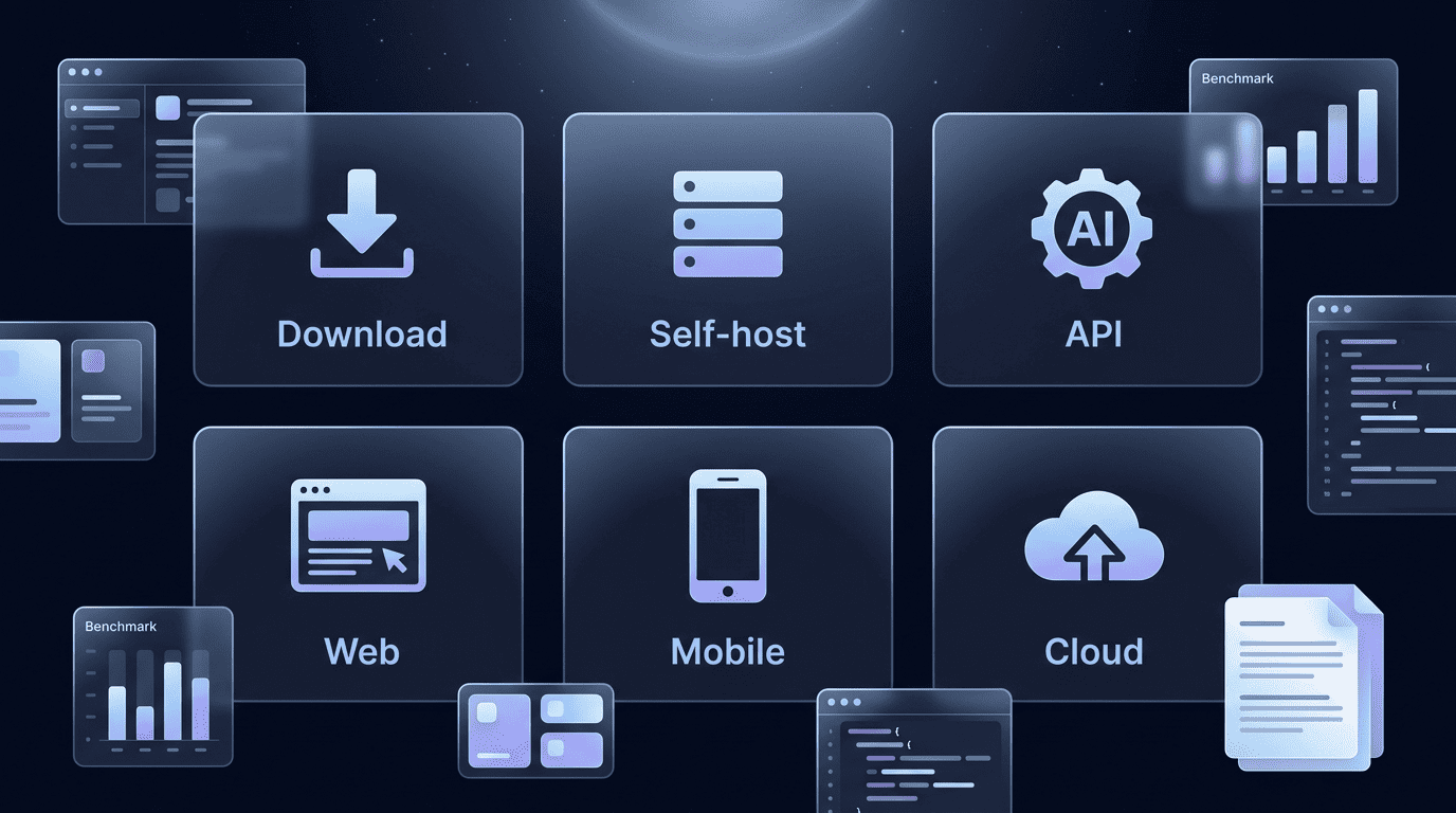 A grid of access-method cards: download, self-host, API, web, mobile and cloud