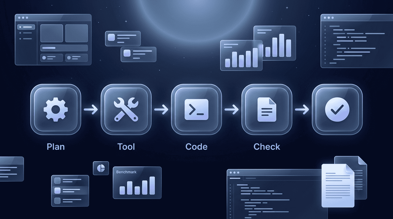 An agentic workflow graph: Plan, Tool, Code and Check nodes connected by arrows