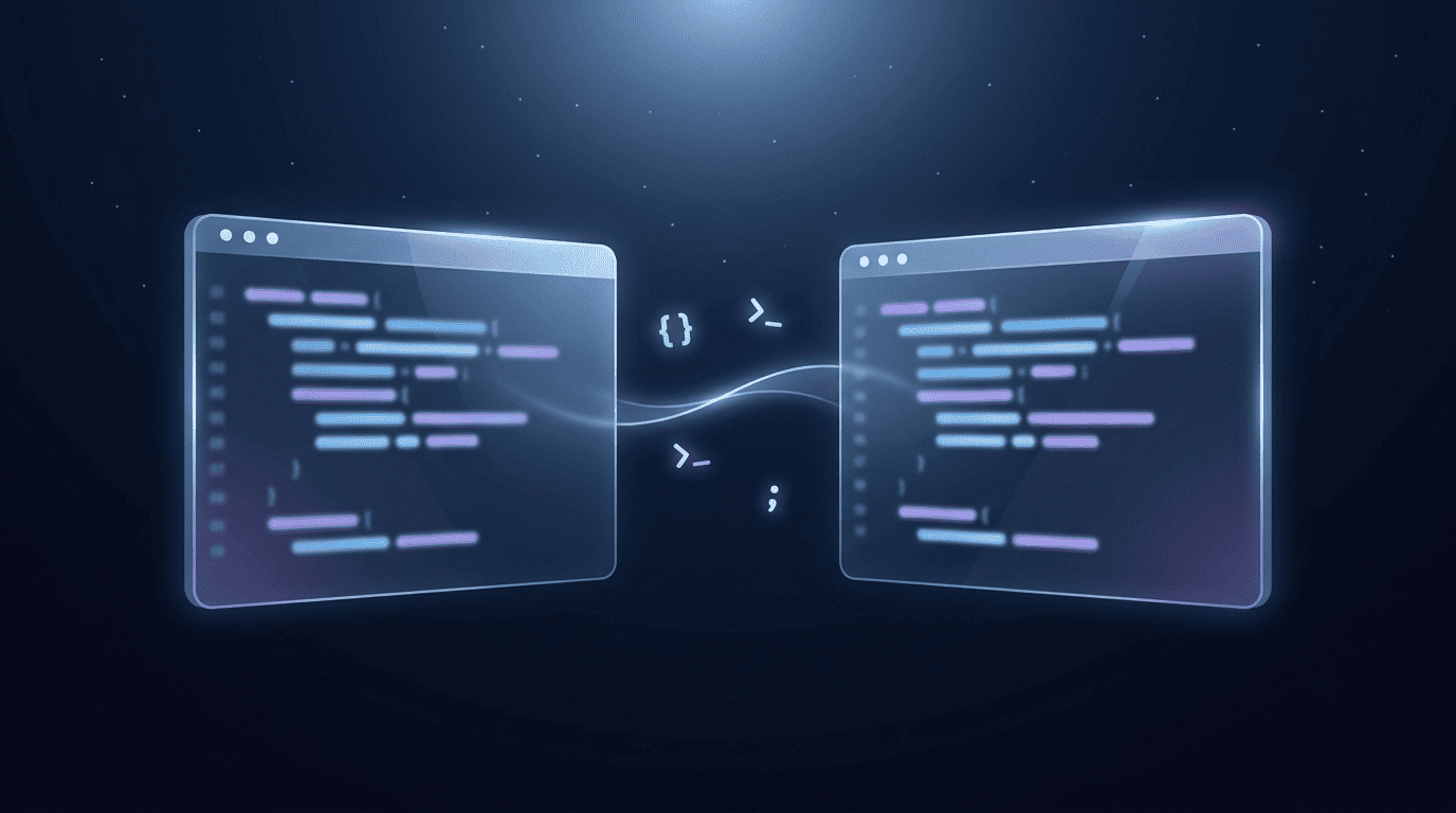 Two side-by-side glassy code-editor windows representing a coding comparison
