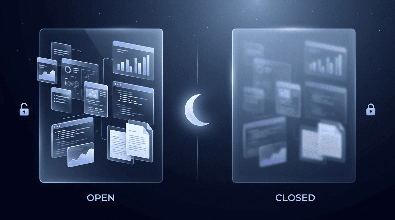 Split-screen comparison: an open, unlocked panel of data cards versus a sealed, locked panel