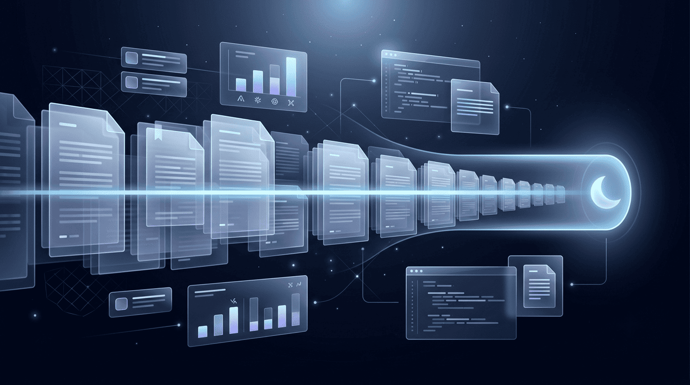 A long stream of document pages flowing into a single glowing scan line