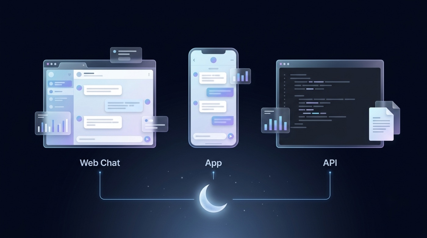 Three interface panels — web chat, mobile app, and code terminal — linked to Kimi K3