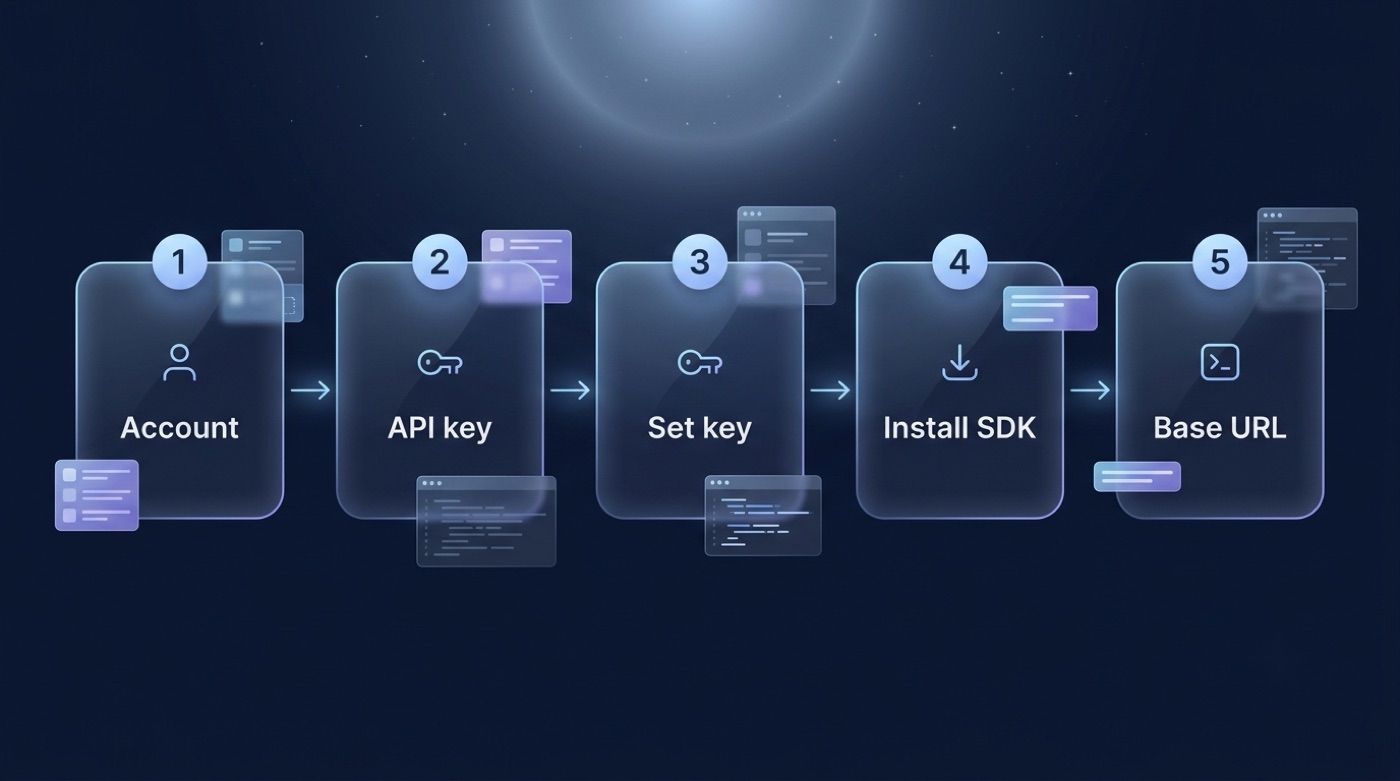 Five-step flow: create account, get API key, set key, install SDK, set base URL