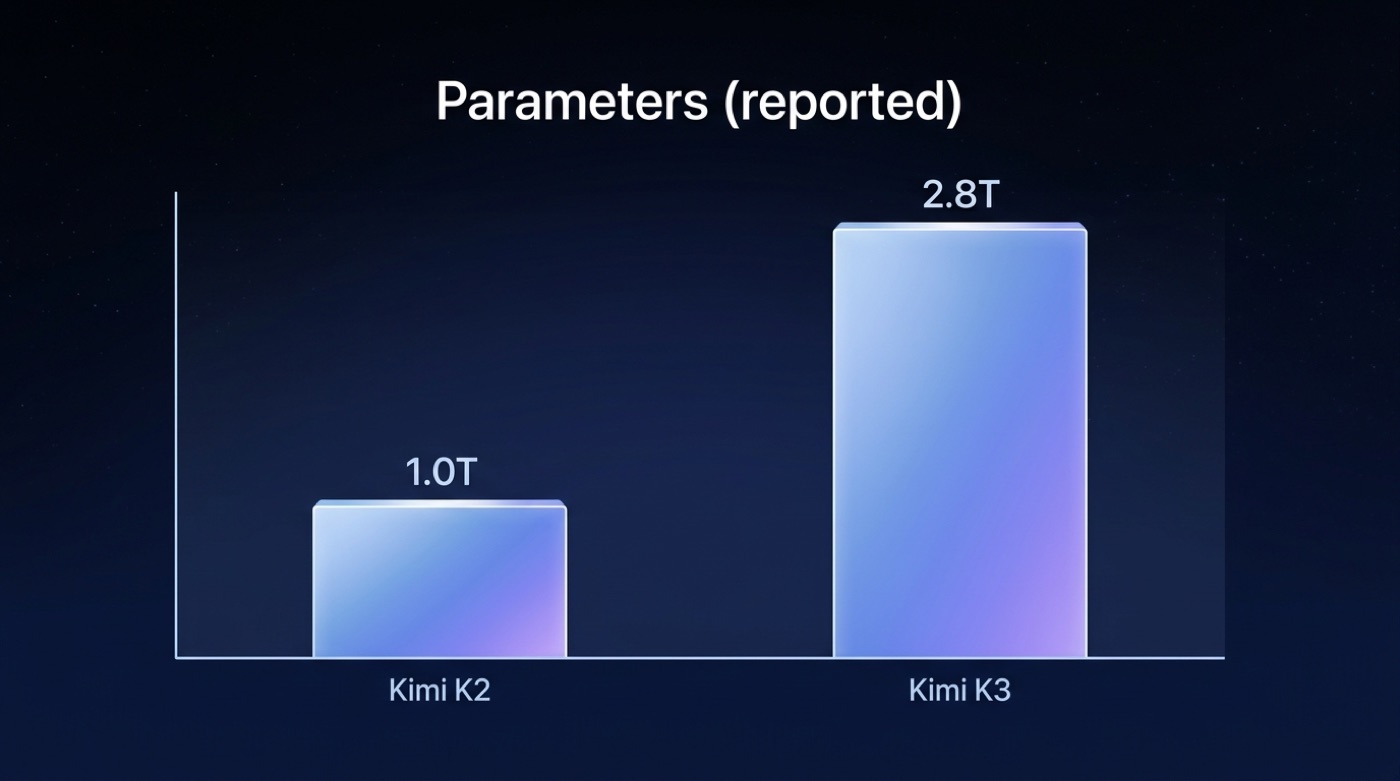 Bar chart comparing reported parameters: Kimi K2 at 1.0T and Kimi K3 at 2.8T