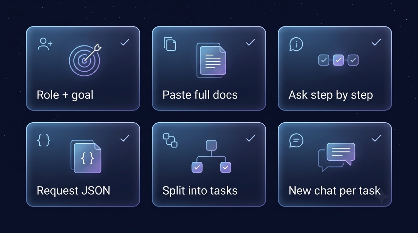 Checklist of six Kimi K3 prompting tips: role and goal, paste full docs, ask step by step, request JSON, split into tasks, new chat per task