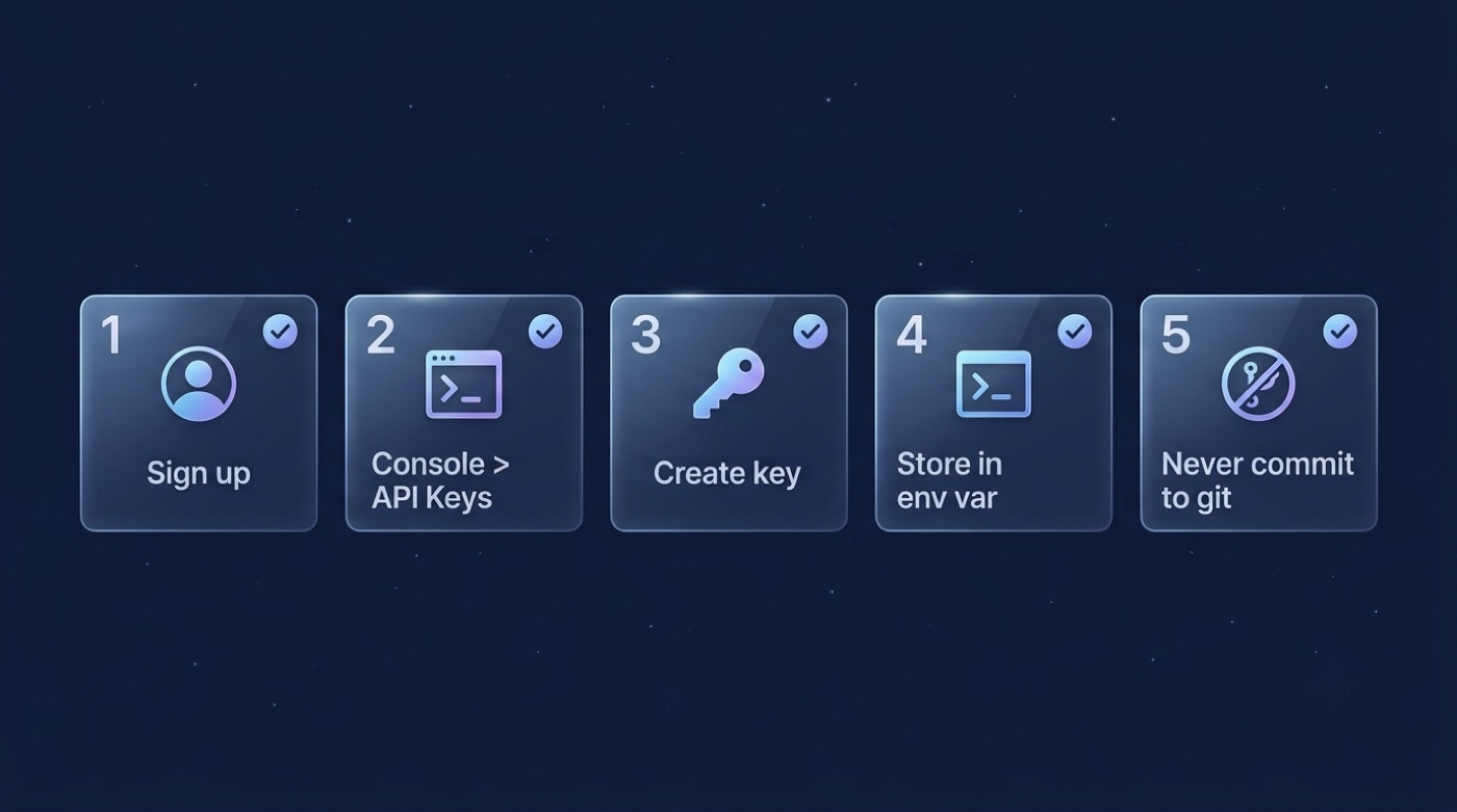 Five-step infographic for creating and securing a Moonshot Kimi API key
