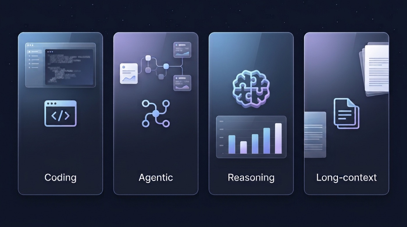 Four Kimi K3 benchmark categories — coding, agentic, reasoning and long-context — shown as glassy UI cards