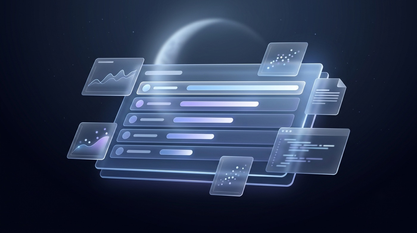 A holographic AI benchmark leaderboard dashboard with abstract ranking bars and data cards