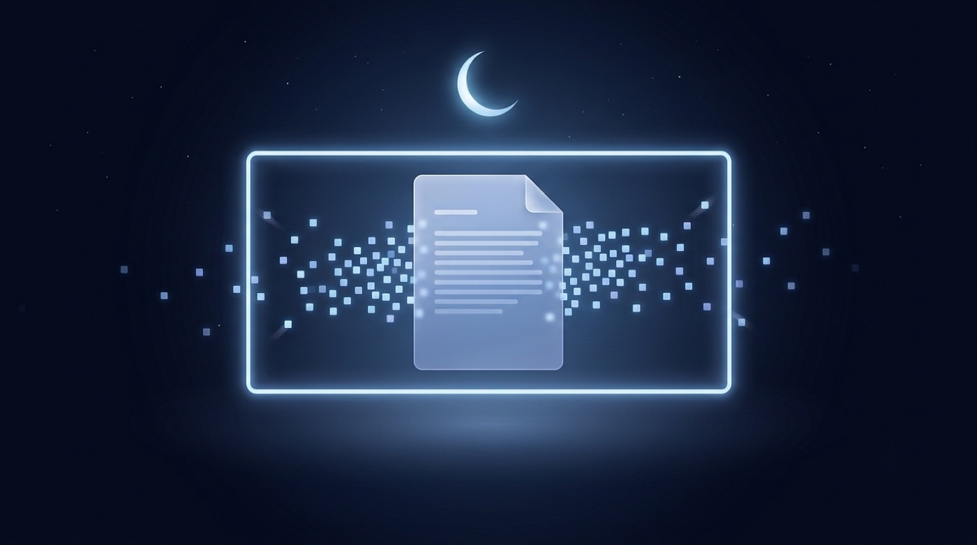 A glowing bounded frame holding a document while small token squares stream into it — a visual metaphor for a context window as a model's working memory.