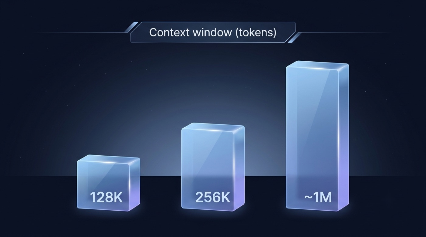 Bar chart of context window sizes measured in tokens: 128K, 256K and roughly 1 million tokens.