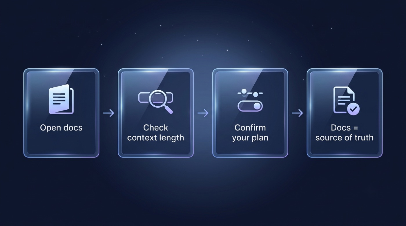 Four-step flow to verify a model's context window: open the docs, check the context length field, confirm your plan, and treat the docs as the source of truth.