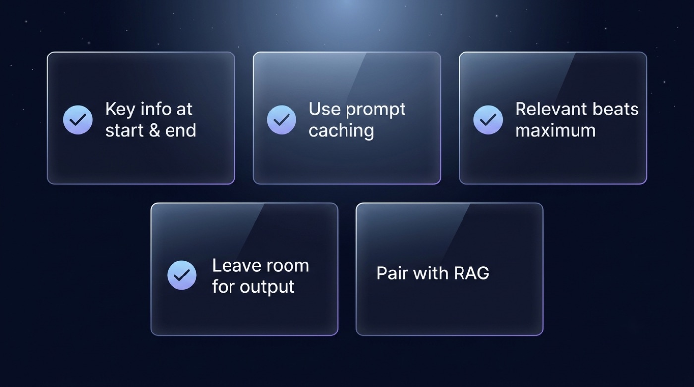 Checklist of five tips for using a long context window: key info at start and end, use prompt caching, relevant beats maximum, leave room for output, pair with RAG.