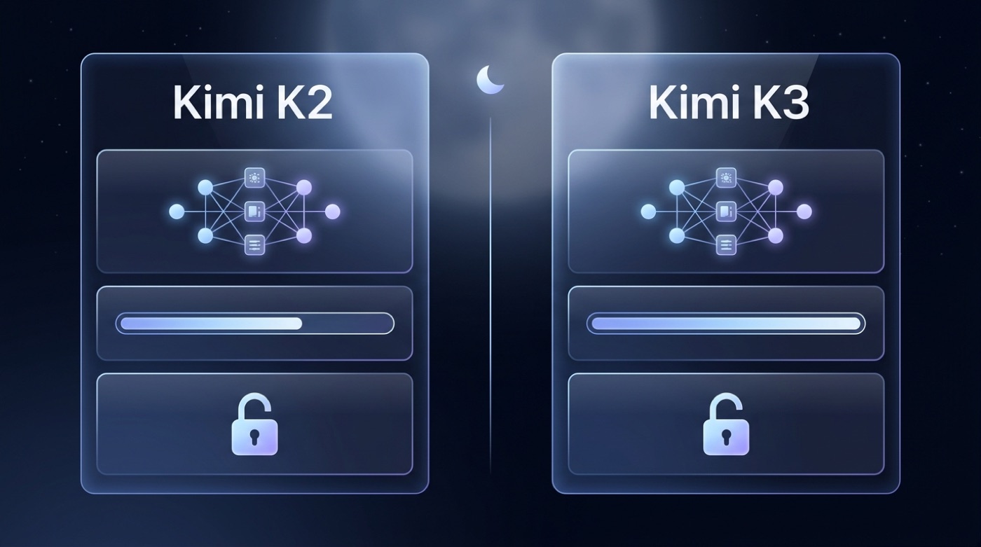 Side-by-side Kimi K2 and Kimi K3 attribute cards — architecture, context window and open weights, with no benchmark scores