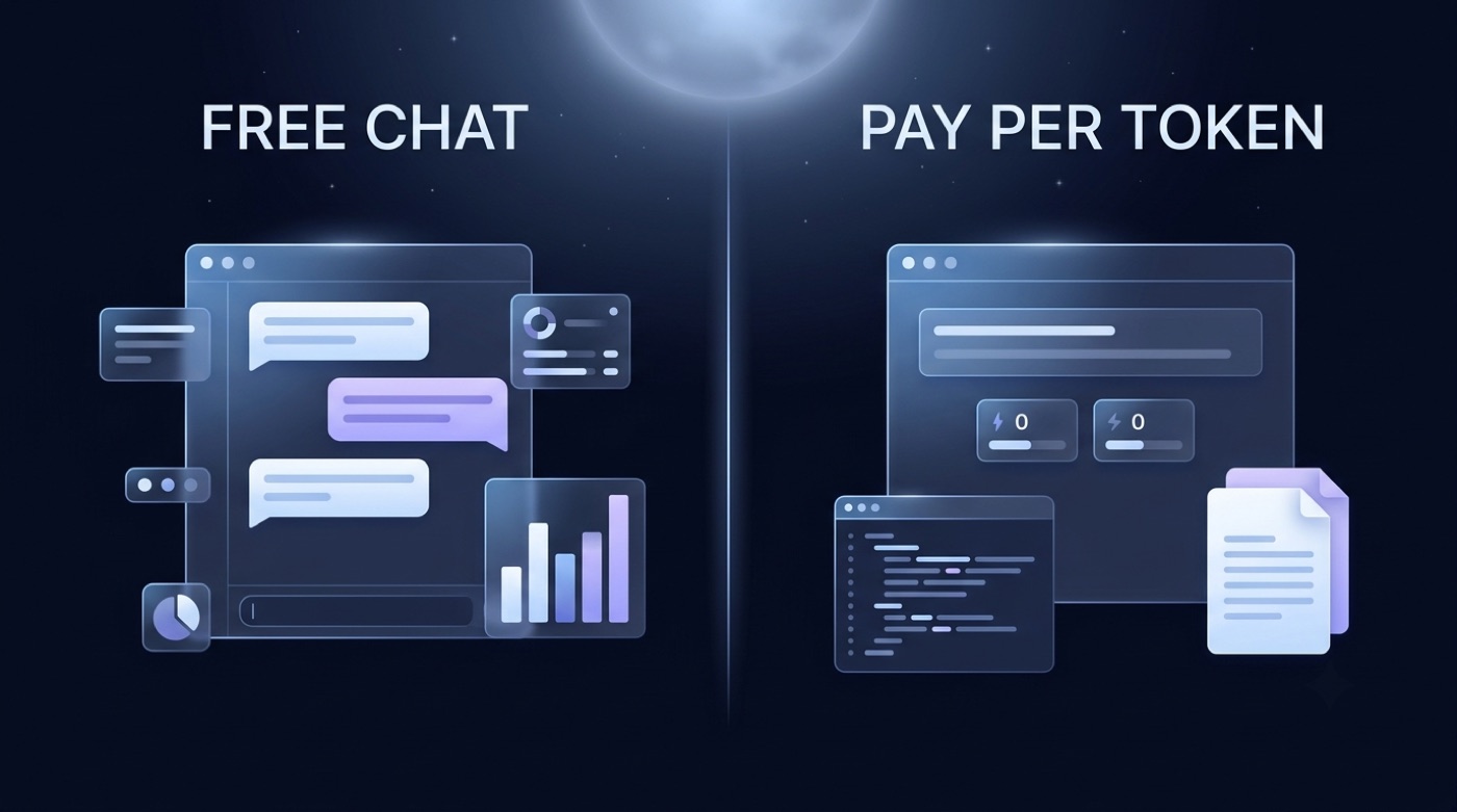 Split comparison of Kimi K3 free chat versus pay-per-token API access