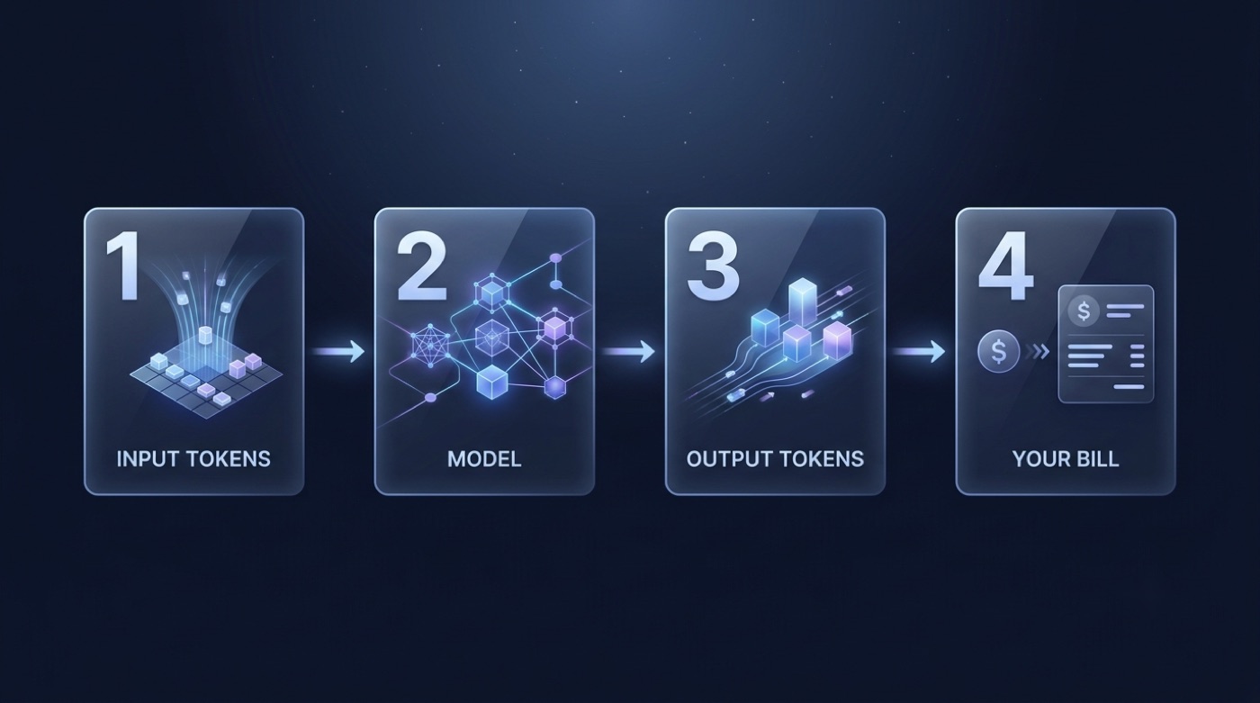 Four-step flow of Kimi K3 token billing: input tokens, model, output tokens, your bill