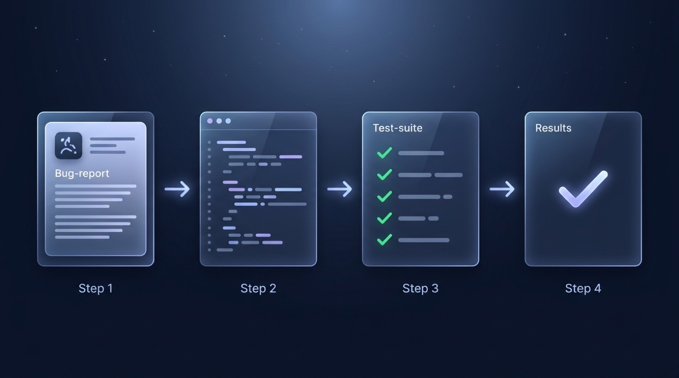 SWE-bench process: a bug report becomes a patch that must pass the repository's hidden tests to count as resolved