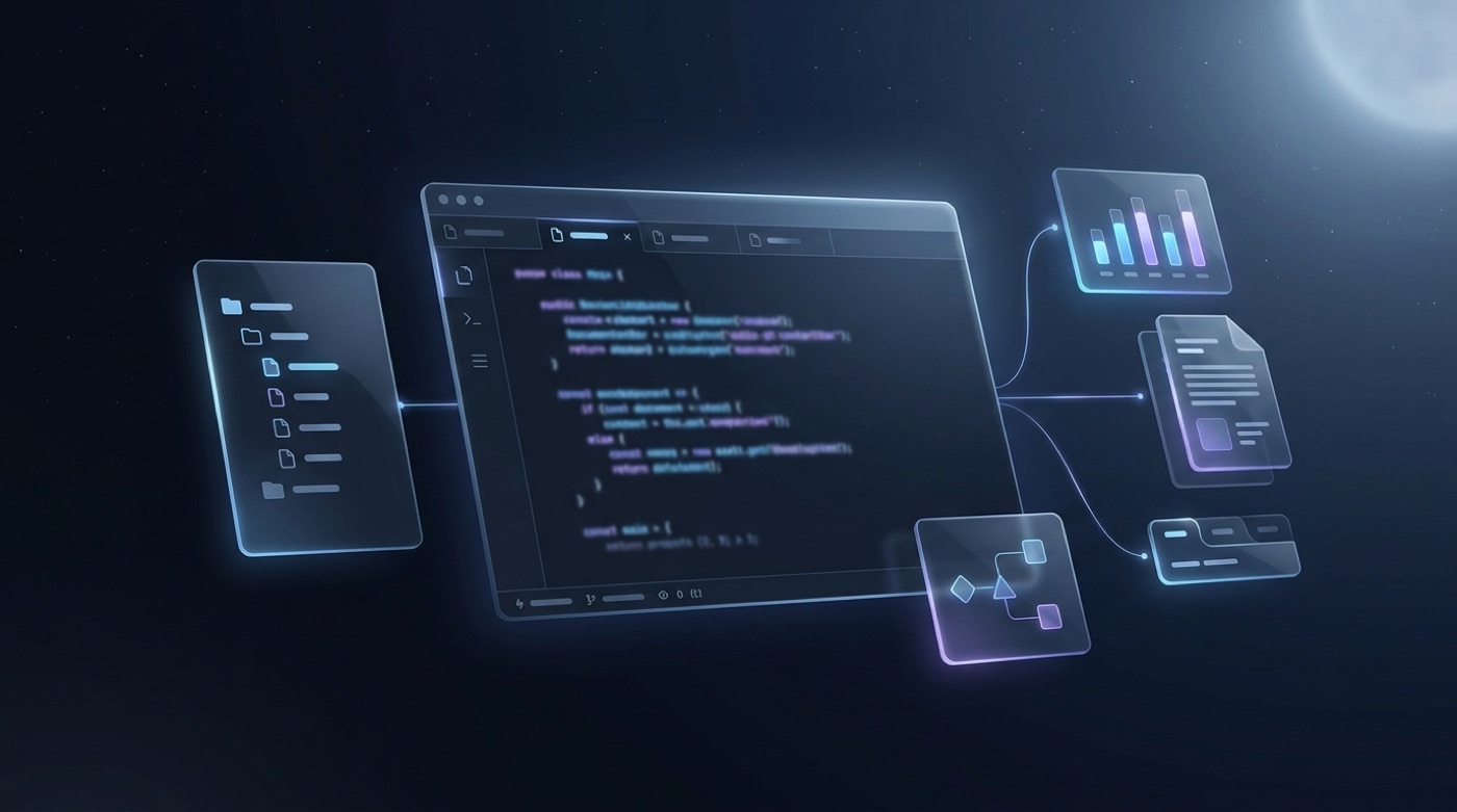 A code editor window with floating file panels linked together, representing multi-file coding edits