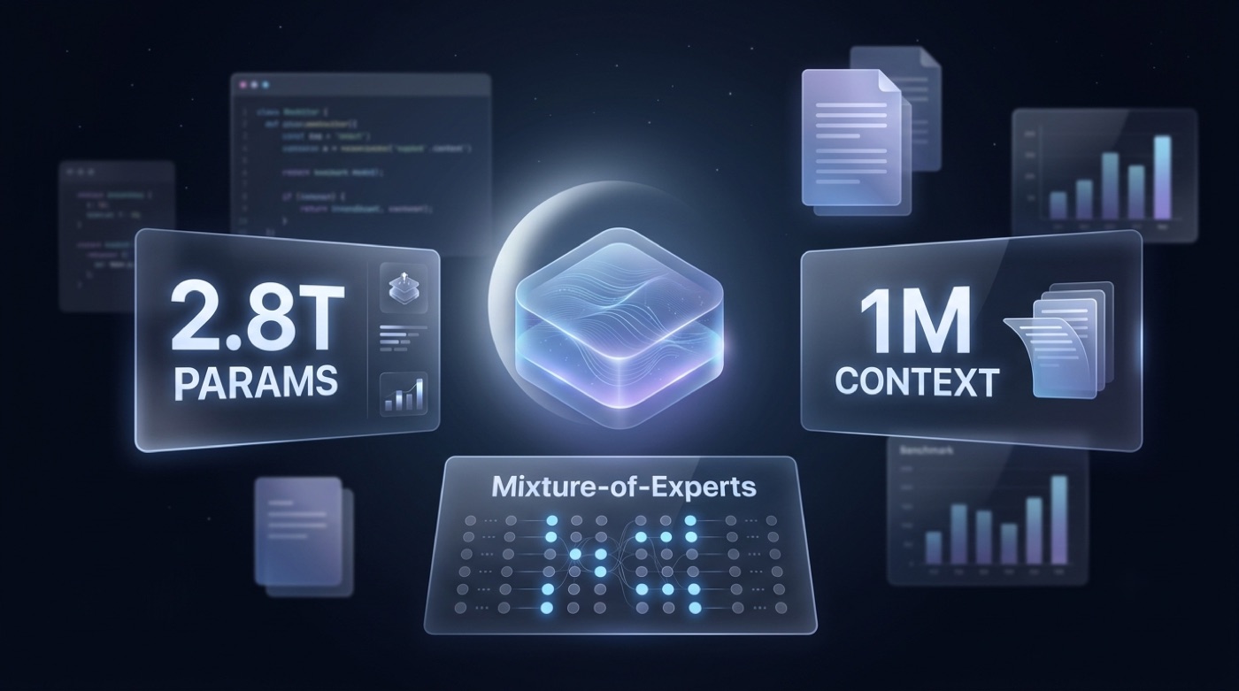 Kimi K3 architecture overview: a 2.8T-parameter mixture-of-experts core with a 1M context window
