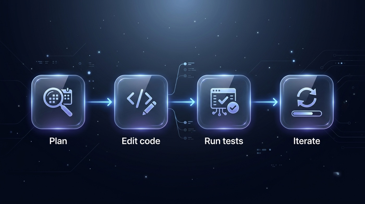 Agentic workflow graph for Kimi K3: Plan, then Edit code, then Run tests, then Iterate