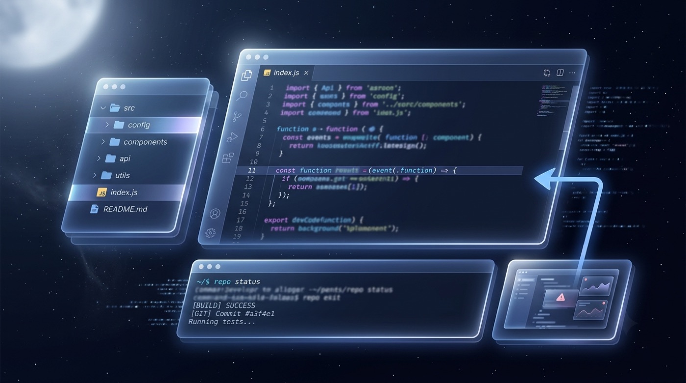 Kimi K3 repo-scale coding workspace: a code editor, file tree, terminal, and a visual-feedback loop