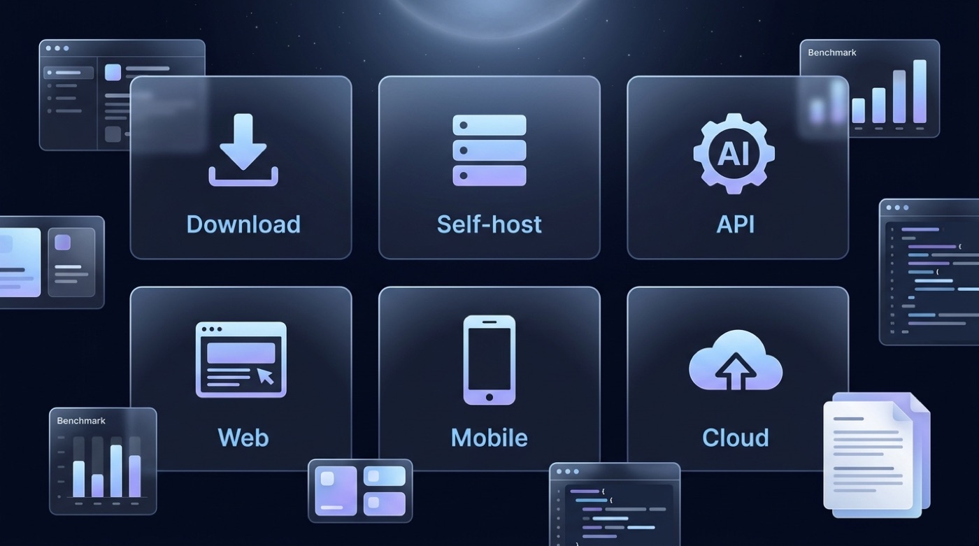 A grid of access-method cards: download, self-host, API, web, mobile and cloud