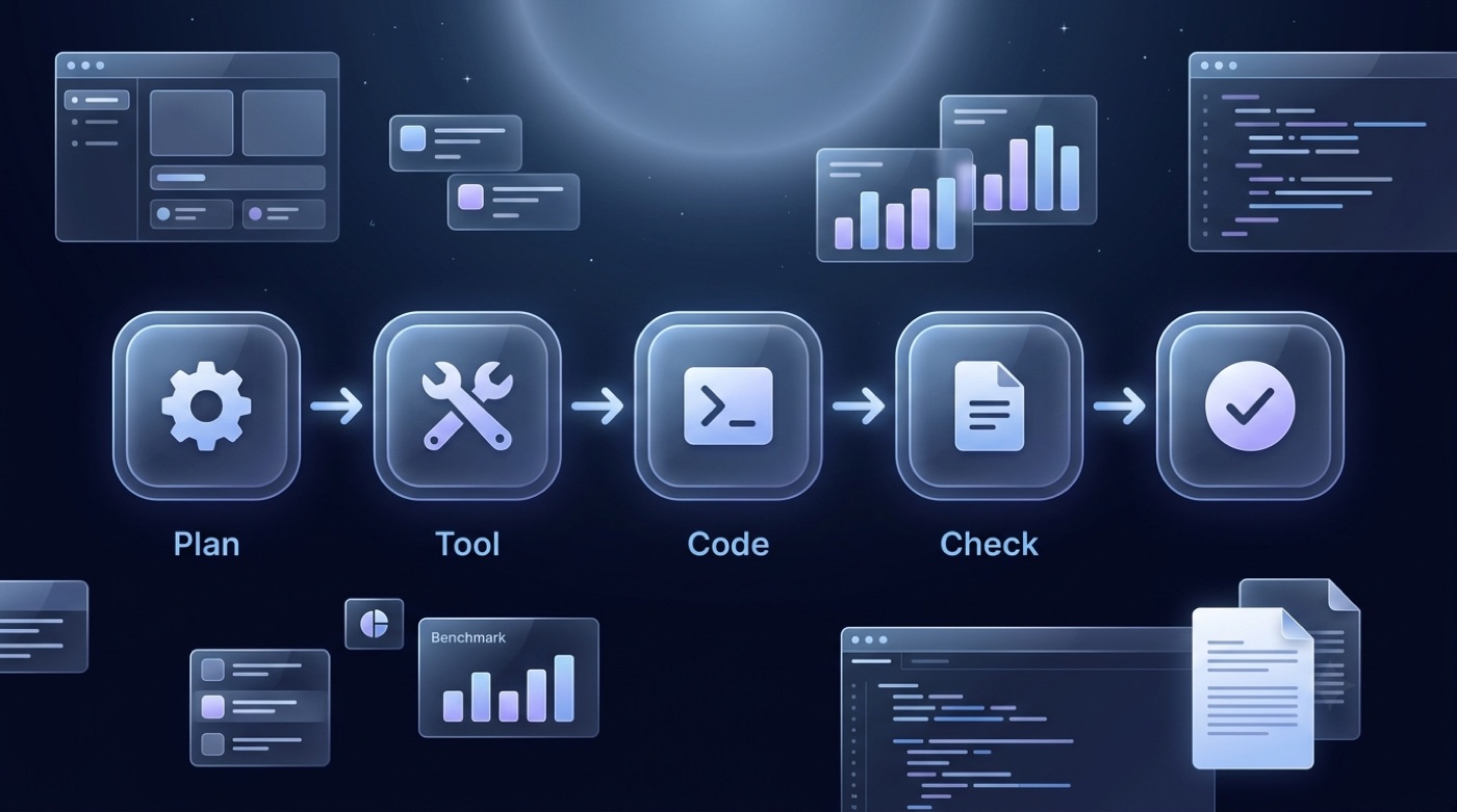 An agentic workflow graph: Plan, Tool, Code and Check nodes connected by arrows