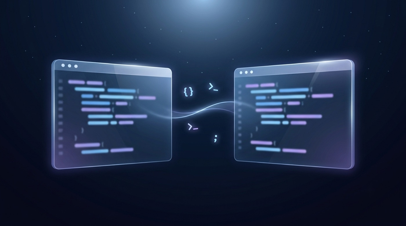Two side-by-side glassy code-editor windows representing a coding comparison