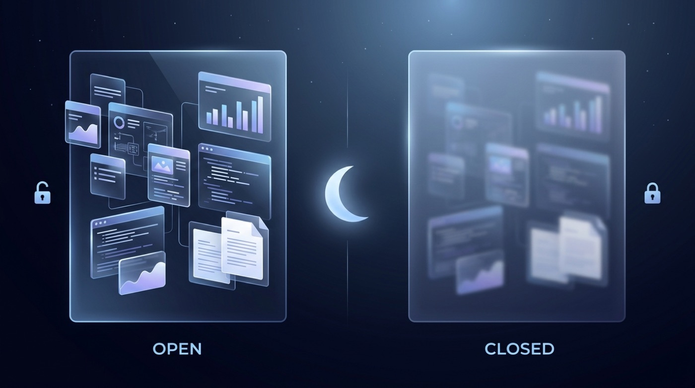 Split-screen comparison: an open, unlocked panel of data cards versus a sealed, locked panel