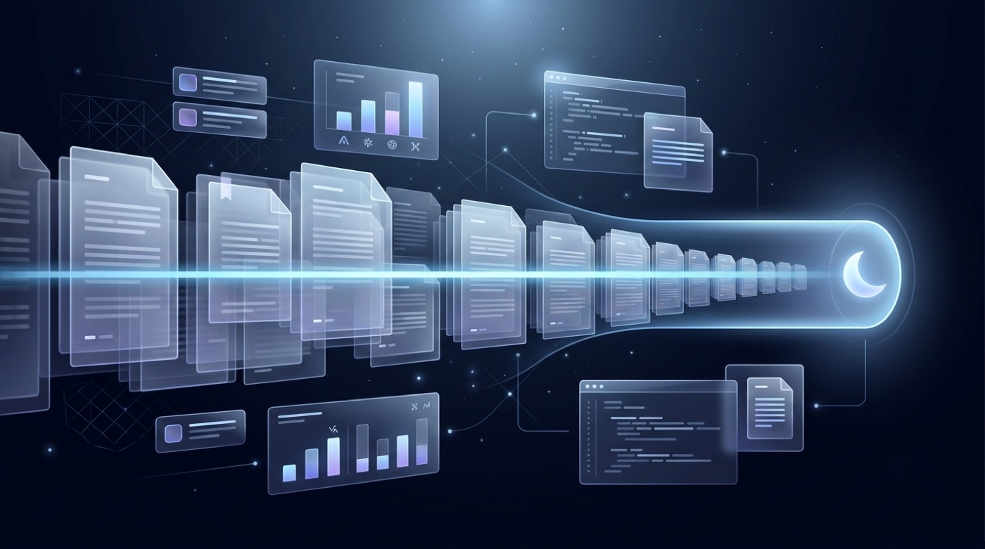 A long stream of document pages flowing into a single glowing scan line