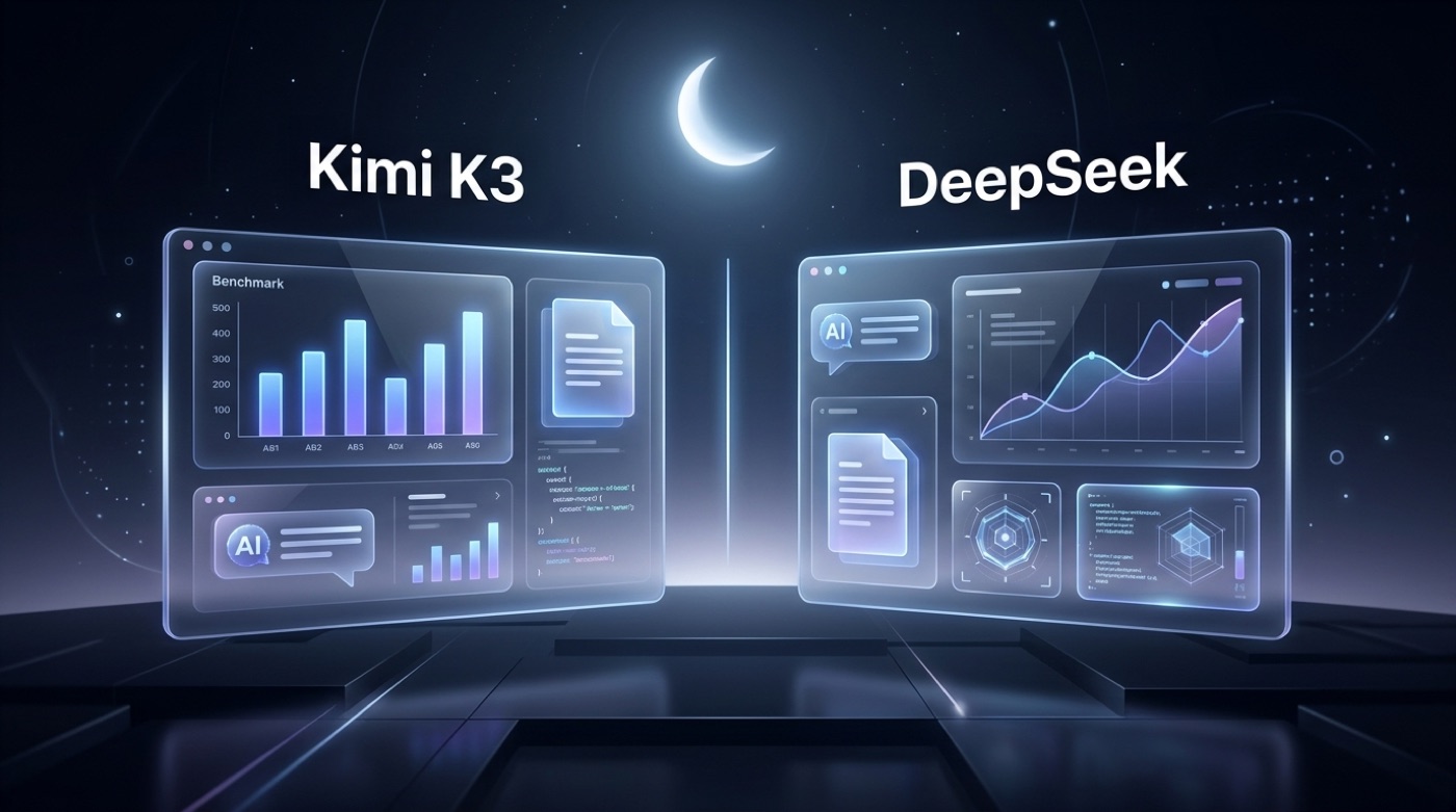 Side-by-side comparison of the Kimi K3 and DeepSeek model interfaces under a crescent moon