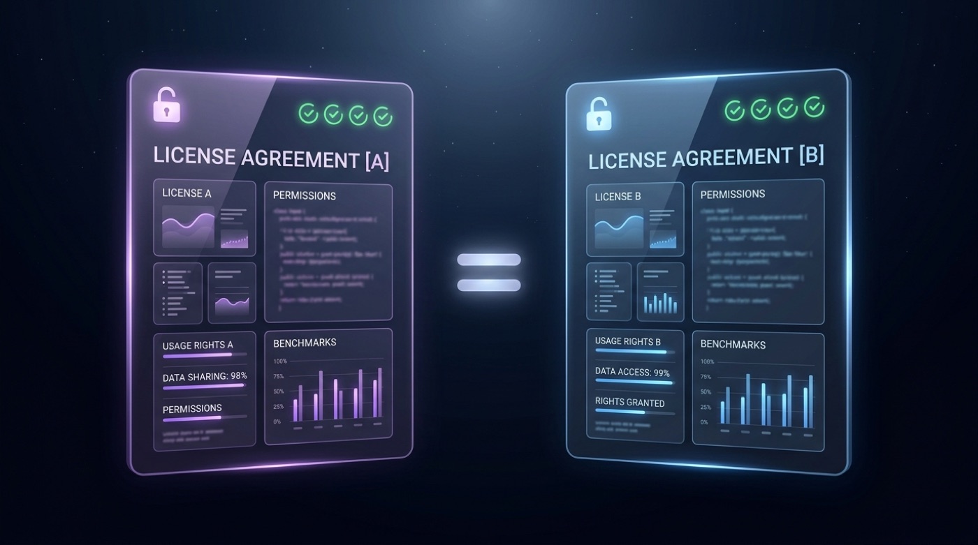 Two open-weight license cards compared side by side with open padlocks and checkmarks