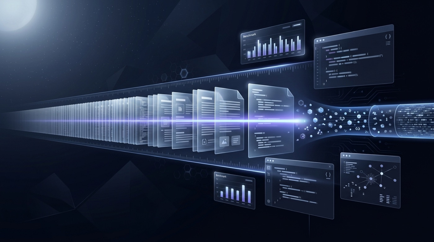 A long document and code repository stream scanned into a compact long-context token stream