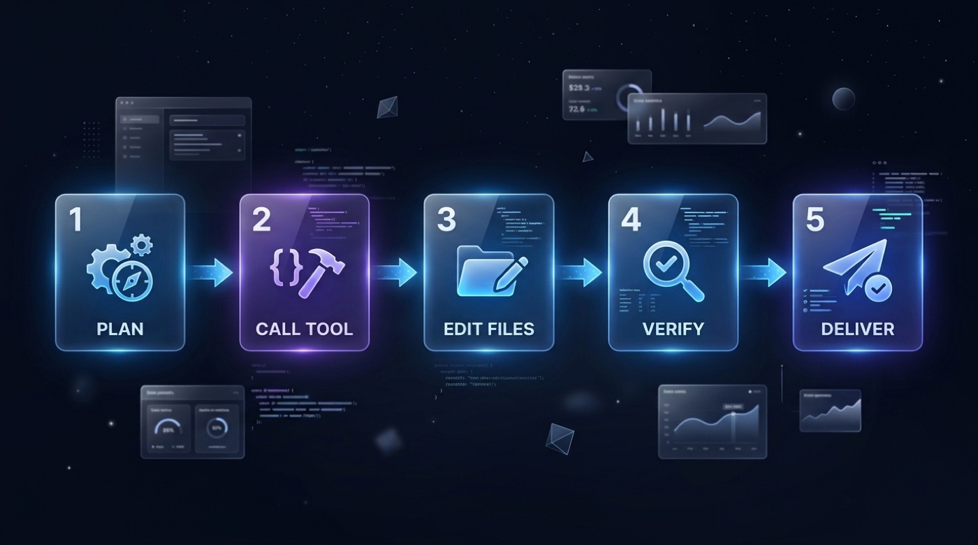 Five-step agentic workflow: plan, call tool, edit files, verify, deliver