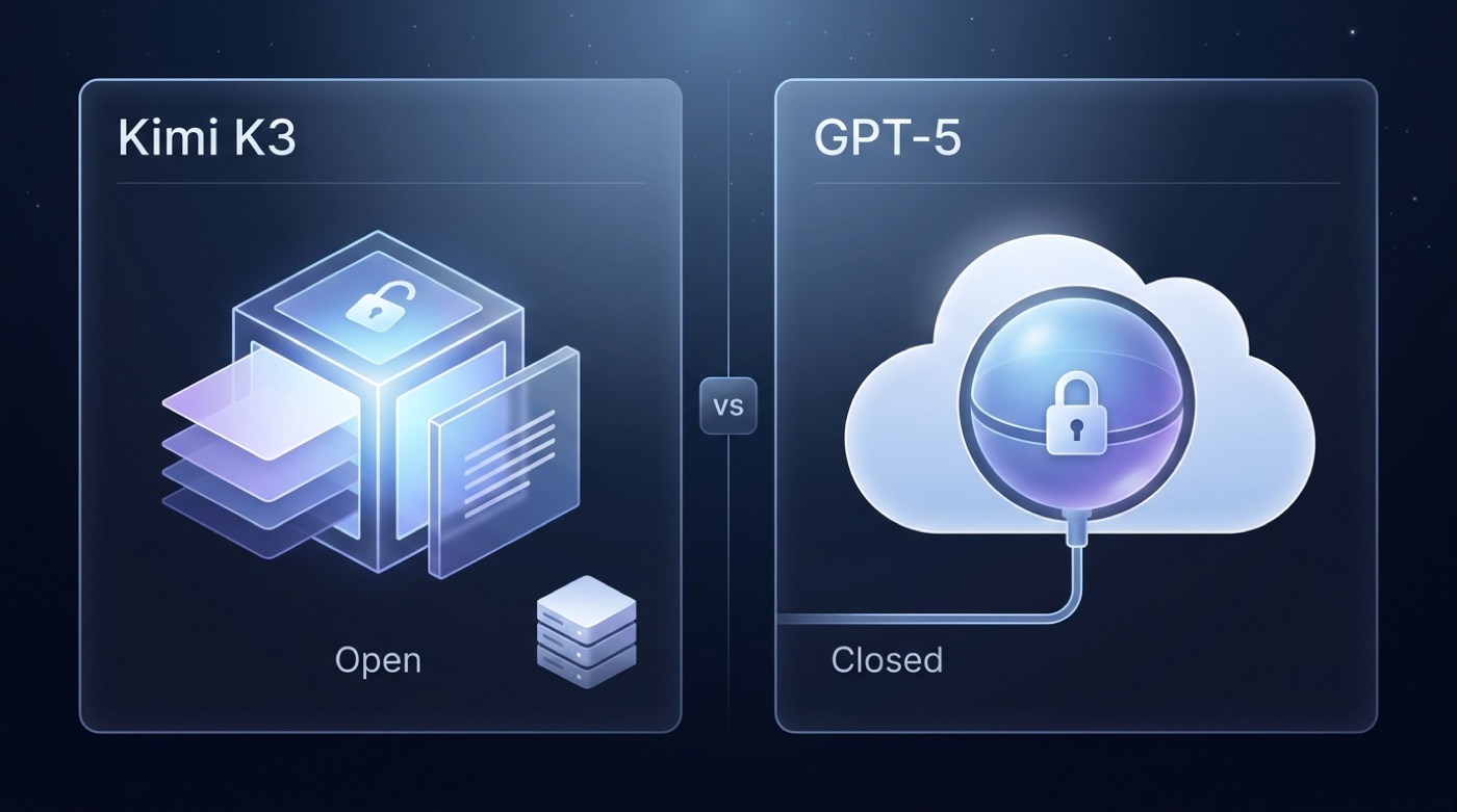 Side-by-side comparison of Kimi K3 as an open, unlocked model versus GPT-5 as a closed, locked cloud service