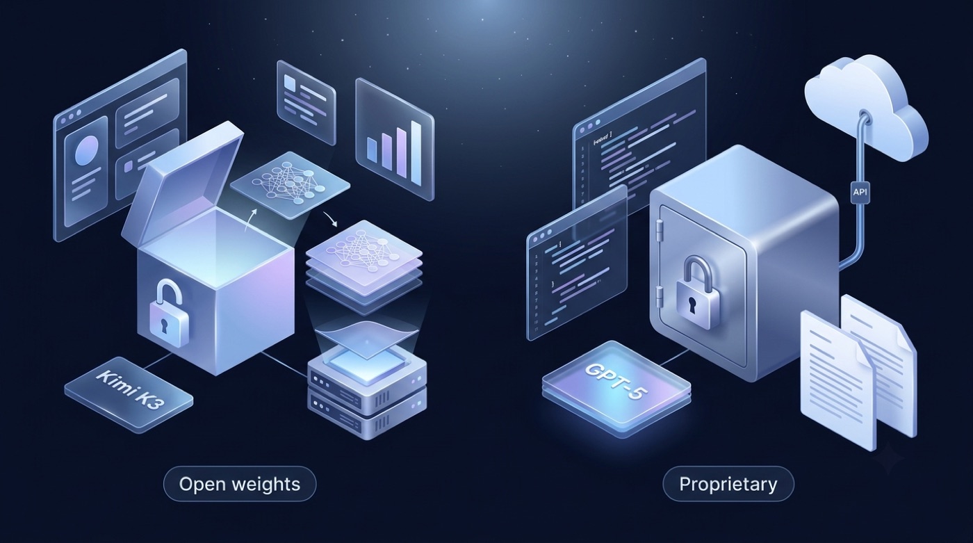 Open-weight Kimi K3 downloadable to a self-hosted server versus proprietary GPT-5 locked in a vault reached only through an API