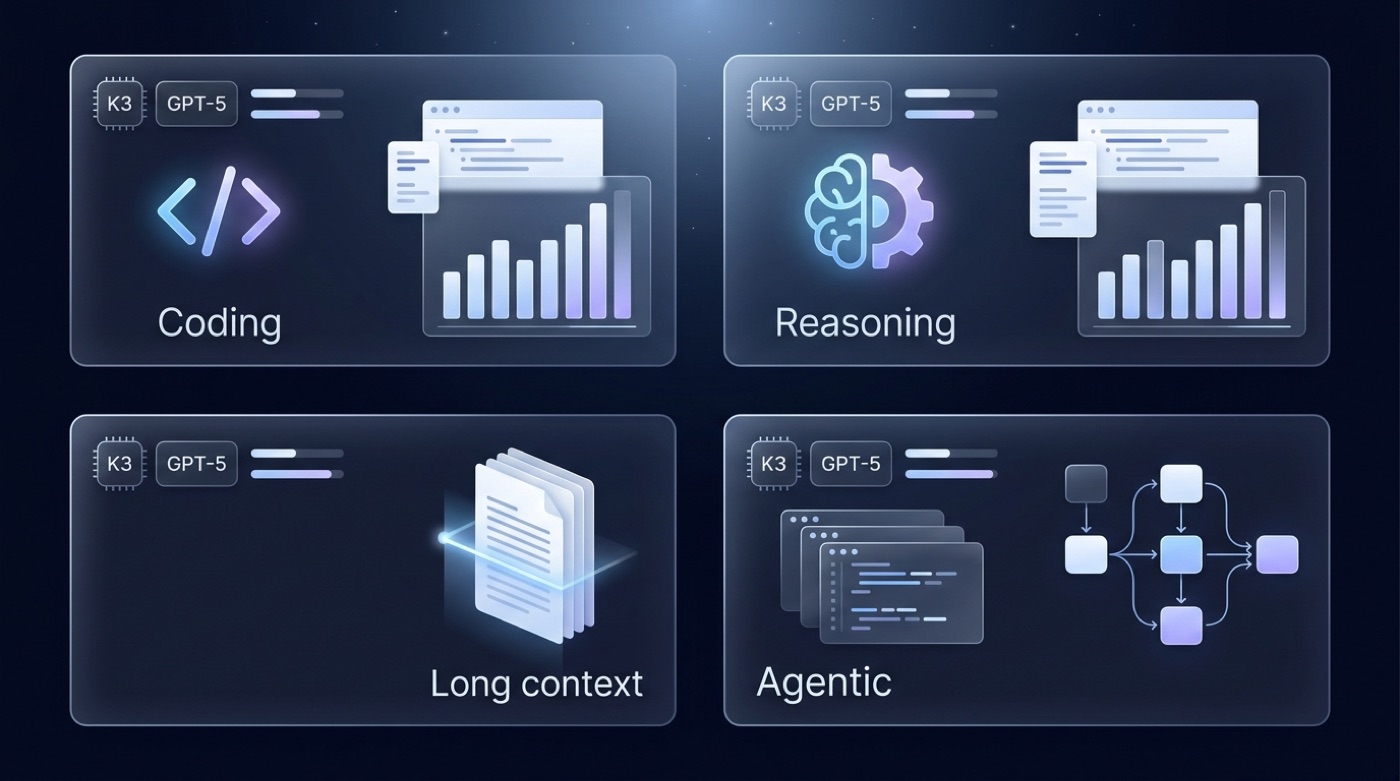 Four-quadrant infographic comparing Kimi K3 and GPT-5 across coding, reasoning, long context, and agentic capabilities