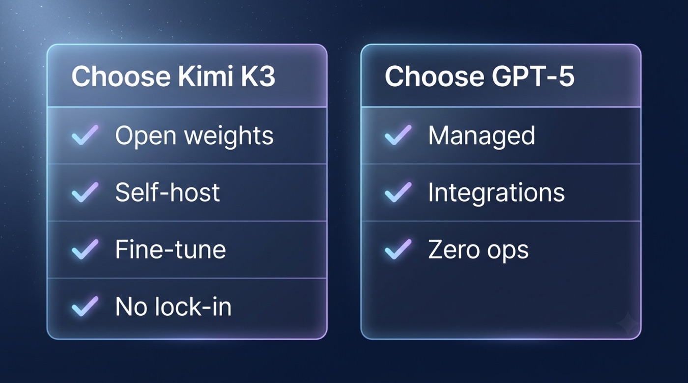 Decision checklist: choose Kimi K3 for open weights, self-host, fine-tune, no lock-in; choose GPT-5 for managed service, integrations, zero ops