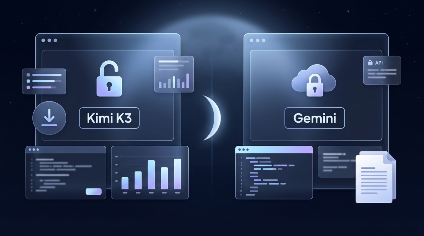 Side-by-side comparison panels of Kimi K3 with an open padlock and Gemini with a locked cloud