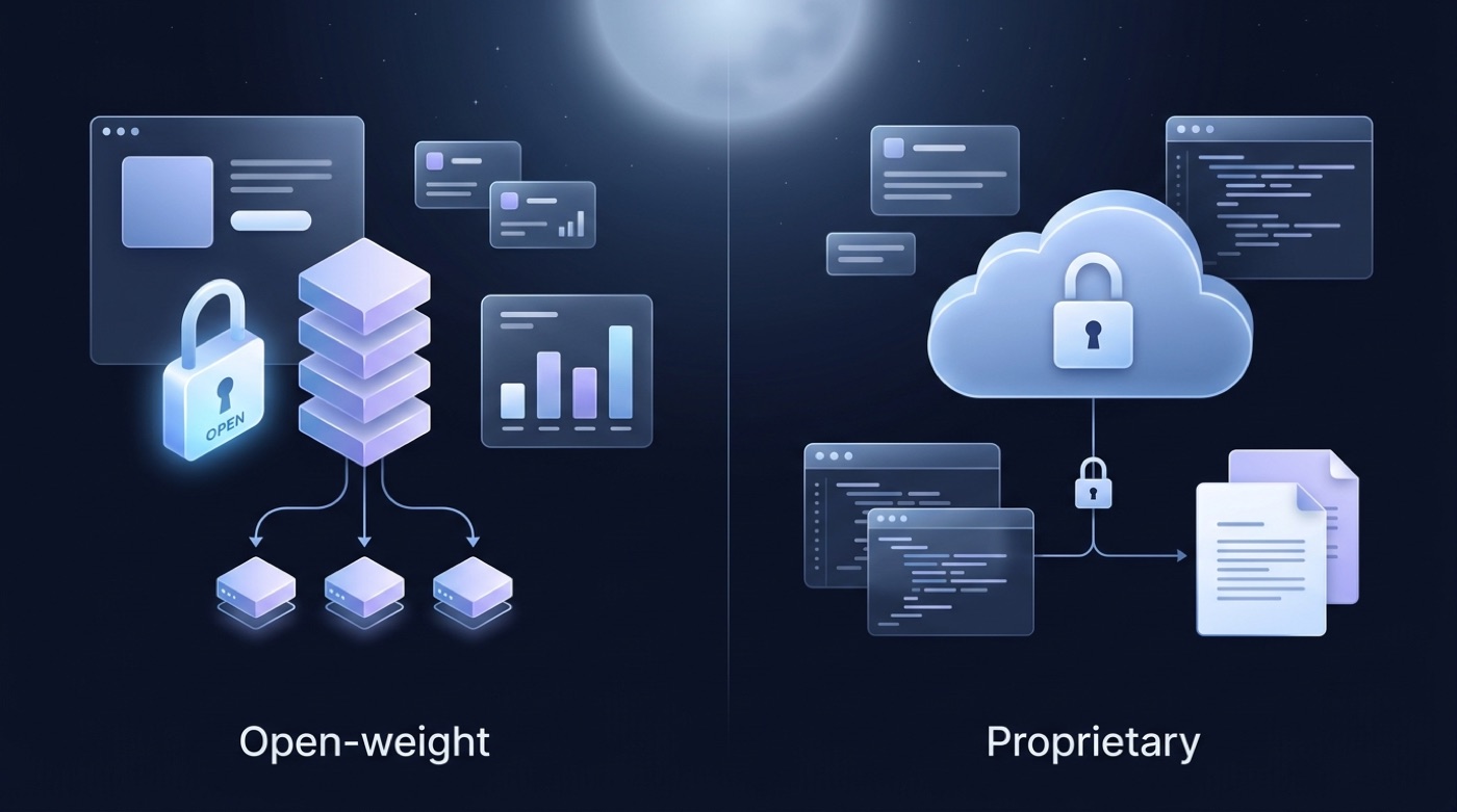 Open-weight downloadable model feeding self-hosted server nodes versus a proprietary locked cloud API