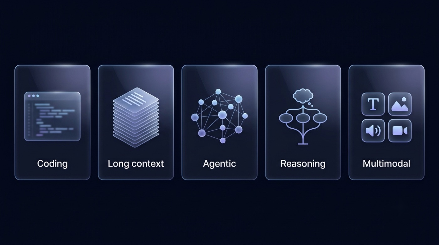 Grid of capability cards: Coding, Long context, Agentic, Reasoning, and Multimodal