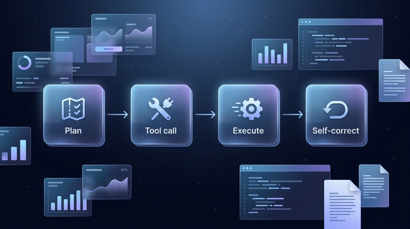Agentic workflow graph with Plan, Tool call, Execute, and Self-correct nodes