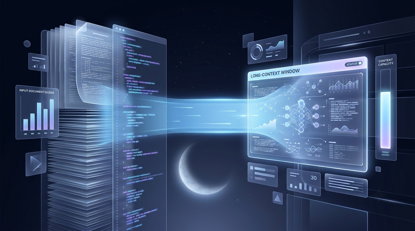 Long documents and code fed through a scanning beam into a wide long-context window