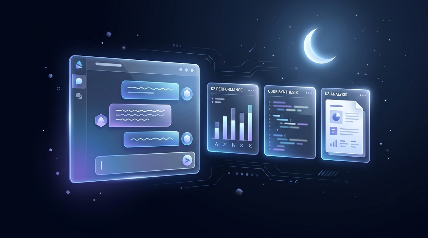 Kimi K3 chat interface beside floating data cards and a crescent moon