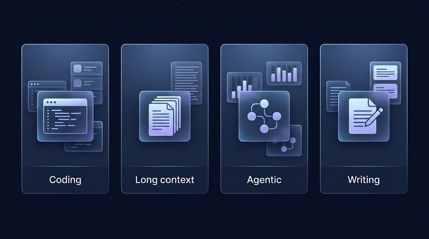 Four capability cards: Coding, Long context, Agentic, Writing